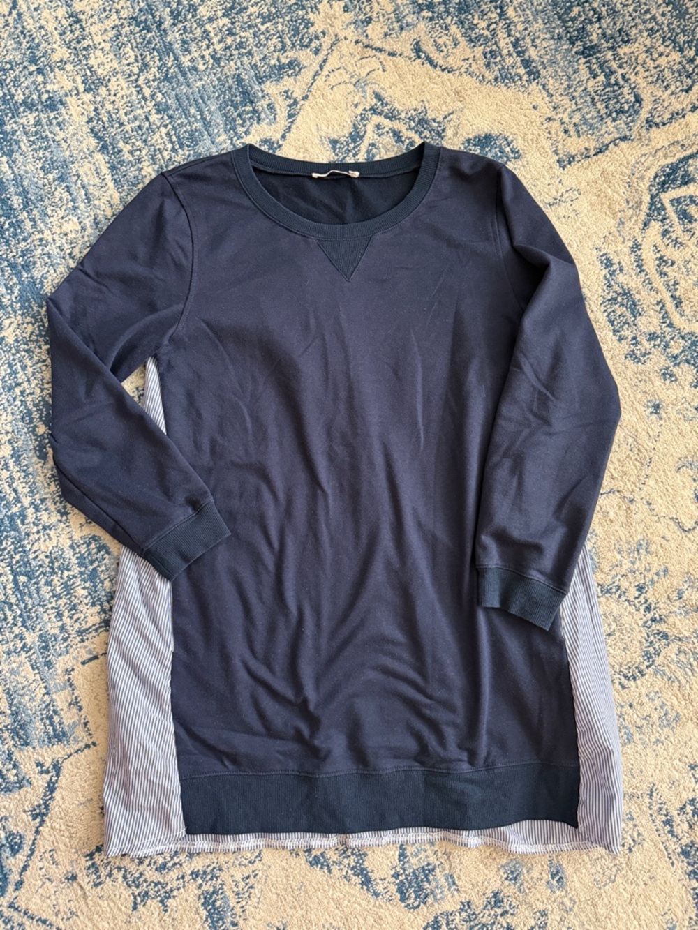 Ellison Navy Blue Long-Sleeve Dress with Striped Side Panels & Back